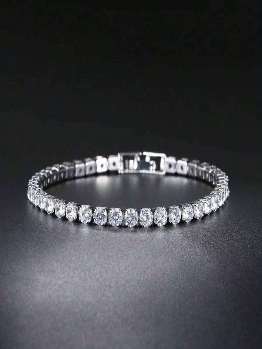 1pc Round Full Diamond Cz Stone Single Strand Bracelet, 4mm Width, Fashionable For Women - Bạc - Xem 1