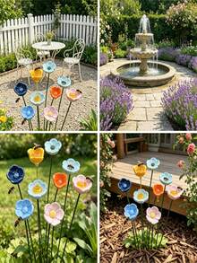 2/4/6pcs Mixed Color Flower & Bee Shaped Watering Stations, Bee Insect Drinking Cup With 22cm Ground Stake, Outdoor Garden Balcony Planter Bee Feeder, Creative Gardening Decor, Practical Gardening Tool - Flowers - View 4
