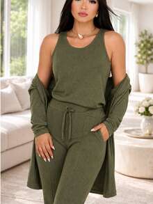 Women's 3-Piece Casual Set, Comfortable And Stylish, Suitable For Everyday Wear At Home, Street, Office, Airport, Garden, And Autumn/Winter. - 軍綠色 - 查看 3