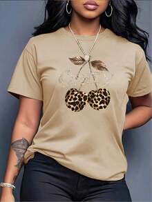 Women's Casual T-Shirt - Leopard And Cherry Design In Bright Orange, Everyday Top, Soft Polyester Fabric, Machine Washable, Suitable For Daily Wear And Parties, Weekend Style, Fun Design, Comfortable Fit, Short Sleeve, Must-Have For Fashion Enthusiasts, Loose And Comfortable Summer-Vintage Style, Unisex Cotton T-Shirt With Round Neck And Short Sleeve. - 杏色 - 查看 5