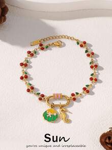 1pc Stainless Steel Ocean Seahorse & Shell Pendant Bracelet, Women Fashion Enamel Cherry Chain Bracelet Jewelry - Bracelet - View 5