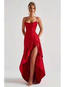 Satin Maxi Dress, Sexy Spaghetti Strap Open Back Ruffle Irregular Hem, Evening Party Prom Gown - Đỏ - Xem 1
