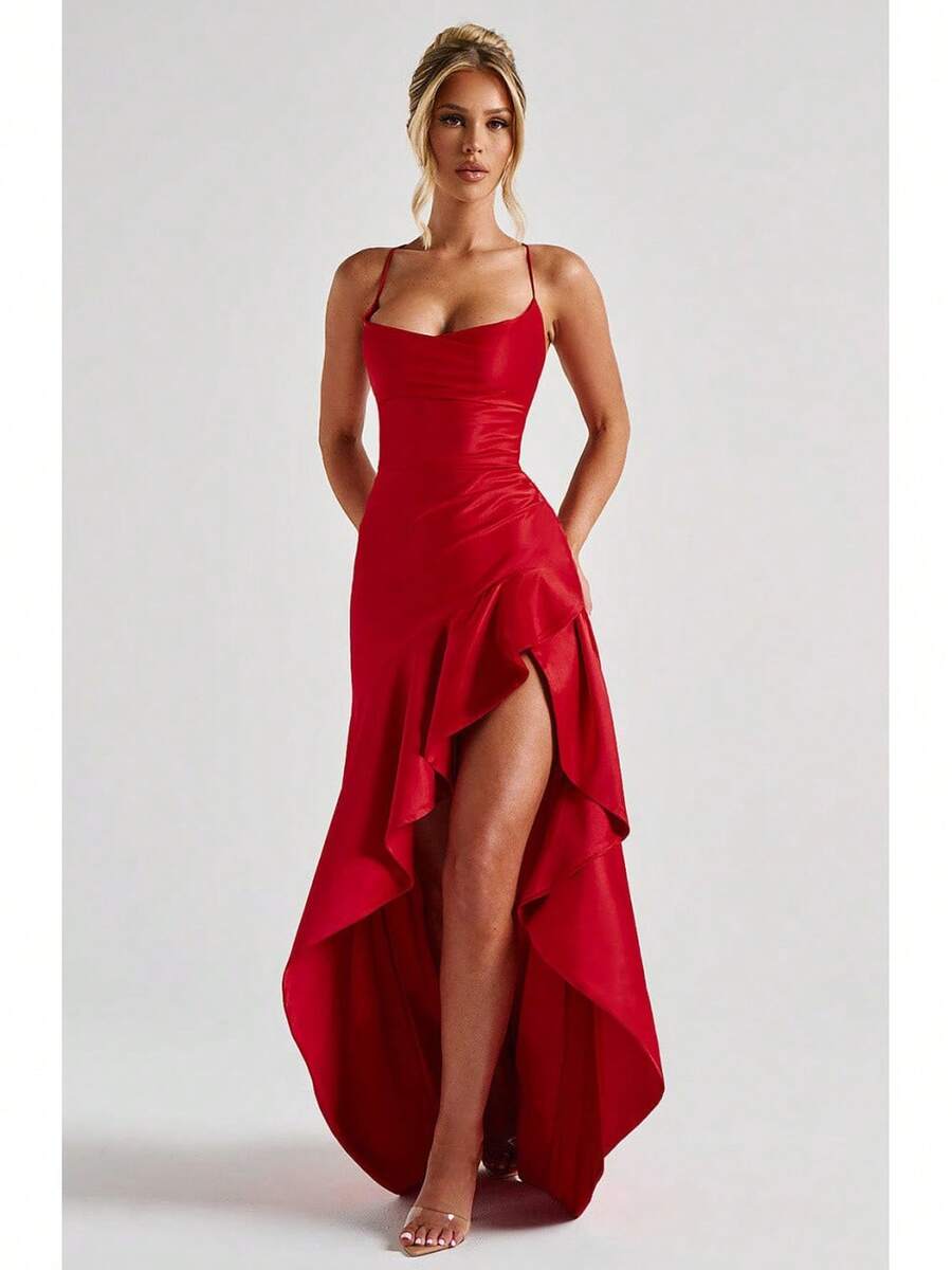 Satin Maxi Dress, Sexy Spaghetti Strap Open Back Ruffle Irregular Hem, Evening Party Prom Gown - Đỏ - Xem 1