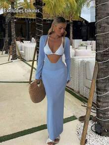 Nuevo vestido de primavera/verano para mujer: Vestido de punto largo con escote en V profundo, cintura ajustada y diseño calado, apropiado para la playa, el mar y las vacaciones de natación - Hailan - Ver 3