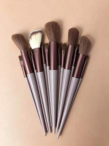 13pcs Makeup Brush Set, Soft & Fluffy, Professional Foundation Brush, Powder Brush, Eyeshadow Brush, Kabuki Brush, Blending Brush, Includes Makeup Bag & Makeup Sponge, Great Gift For Beginners, Random Brown Tones - Maroon - View 3