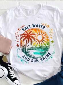 Plus Size, Women's Plus Size Clothing, Women's Plus Size T-Shirt, Casual Short Sleeve Crew Neck Top, Medium Stretch Fabric, Machine Wash, Comfortable Fit For All Seasons, Women's T-Shirt, Unique 2D Flat Print T-Shirt, Comfortable Fit, 2D Flat - 白色 - 查看 1