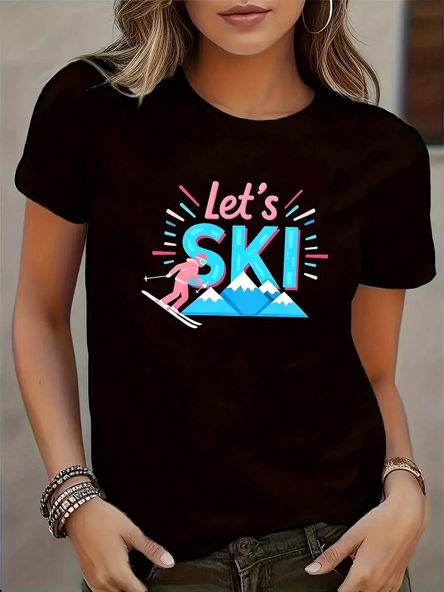 Camiseta de cuello de la tripulación casual de las mujeres, vamos a esquiar "impresión gráfica con diseño geométrico colorido, manga corta, ajuste regular, top de toda la temporada para el traje casual, top de toda la temporada | camiseta gráfica deportiva | Bold Graphic Prin