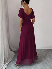 Elenzya Vestido morado claro con cuello en V, mangas con volantes, cintura plisada y abertura, vestido elegante de dama de honor, vestido de fiesta, primavera/verano - Burdeos - Ver 2