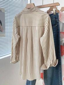 Camisa de botones con rayas casual y de uso diario para mujer, primavera - Café integral - Ver 2