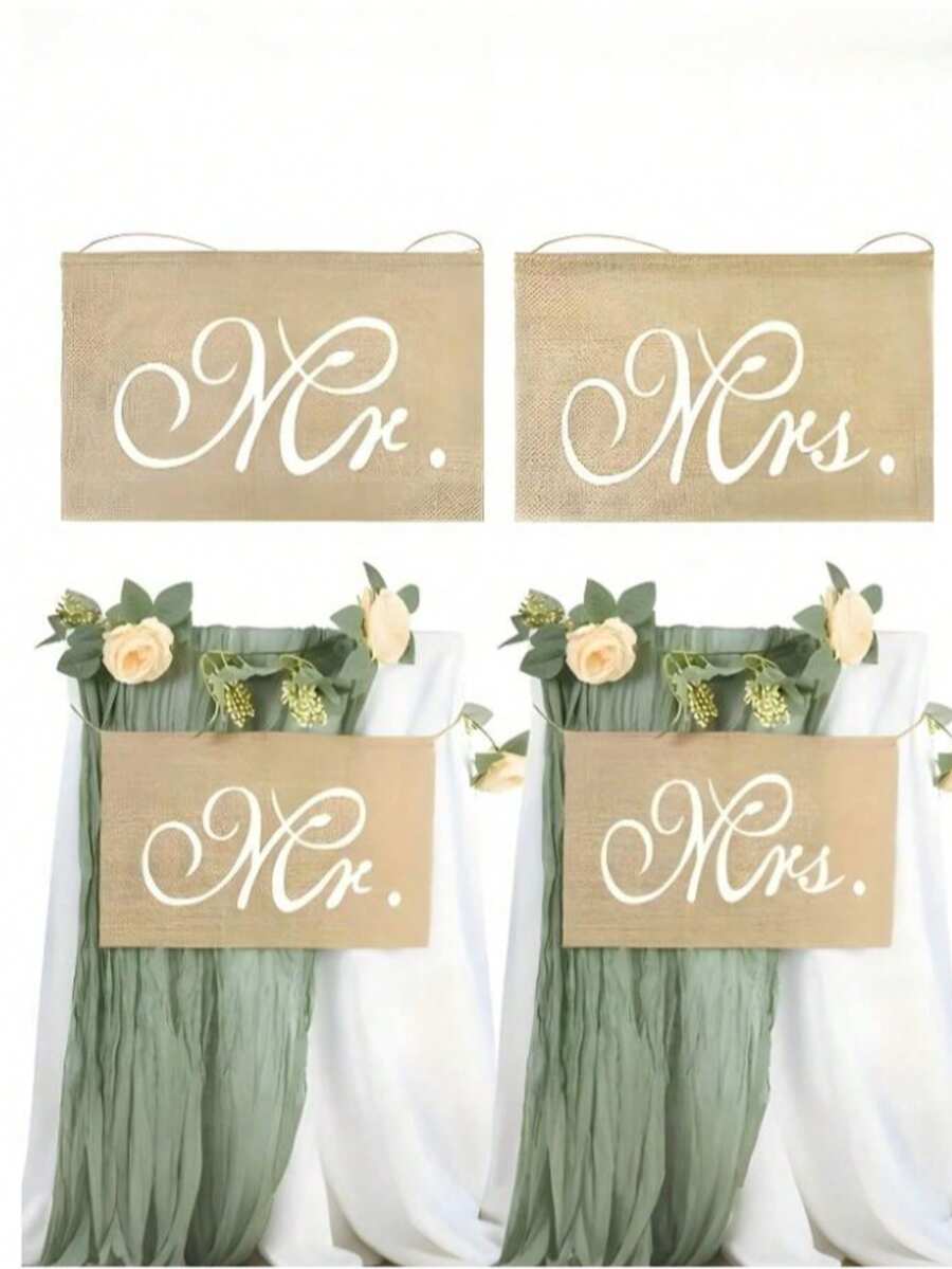 Sr. e Sra. Faixa de Cadeira de Juta, Sinais de Cadeira de Noiva e Noivo, Guirlanda para Decorações de Casamento Rústico Vintage, Suprimentos para Festa de Noivado - A - Visão 1