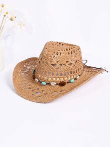 1pc Solid Color Bohemian Style Woven Bead Hollow Out Decor Panama Straw Western Cowboy Hat, Sunhat, Versatile For All Seasons - A - View 10