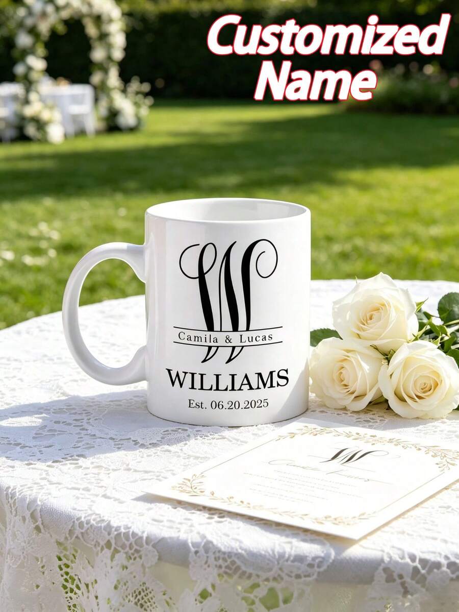 11oz Personalized Name & Date White Mug, Customized Couple Mugs, Perfect Wedding & Anniversary Gift - White - View 1