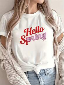 Women's Casual T-Shirt With Spring Floral Design | Short Sleeves, Crew Neck, Slim Fit, Machine Washable, Fashionable Style, Suitable For Spring And Summer - White - View 1