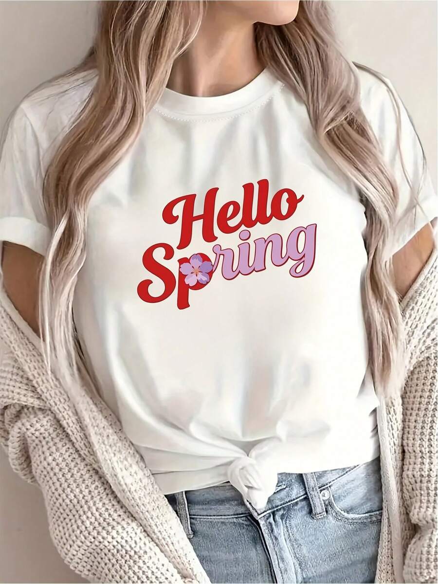 Women's Casual T-Shirt With Spring Floral Design | Short Sleeves, Crew Neck, Slim Fit, Machine Washable, Fashionable Style, Suitable For Spring And Summer - White - View 1