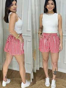 Striped Linen Shorts With Lined Pockets, Home, Beach, Night, Daily, Summer - Rojo - Ver 7