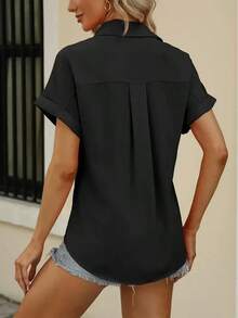 Primavera/Verano de talla grande 1XL-5XL camisa informal de manga corta con botones de Color sólido para mujer blusa con cuello de solapa a la moda para mujer - Verde - Ver 3
