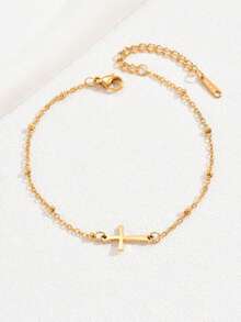 1pc Handmade Beach Style Cross Stainless Steel Anklet For Girl, Suitable For Daily Wear And Beach, (Random Colorful, Random Number Of Gold Beads On Chain) - Multicolor - View 4