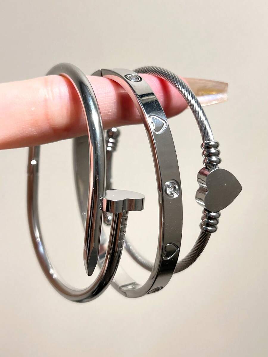 3件套简约优雅奢华不锈钢心形手链套装，适合女士日常休闲佩戴，送礼佳品 - 彩色 - 查看 1