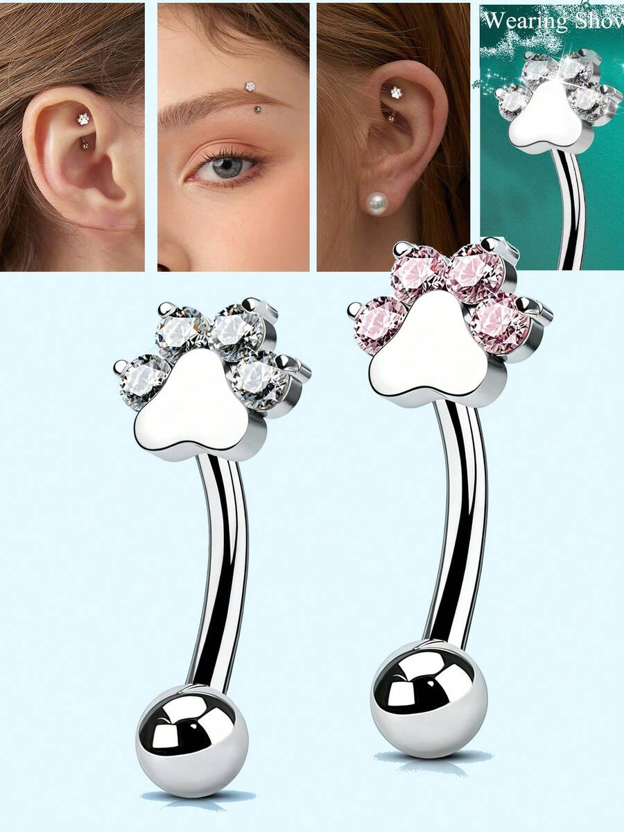 Khuyên tai hình dấu chân dễ thương bằng thép không gỉ 316L dành cho nam và nữ, kích thước 8mm, trọng lượng 16g, trang sức xỏ khuyên tai hình chó con, khuyên lông mày bằng thép không gỉ, có ren bên trong, khuyên lông mày nhỏ nhắn. - dấu chân - Xem 1