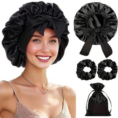 4pcs Set Of Satin Hair Bonnets, Complete With Satin Scrunchies And A Pouch, Designed To Prevent Frizz While You Sleep. This Soft Nightcap Features A Bow Tie And Is Perfect For Curly Hair, Braids