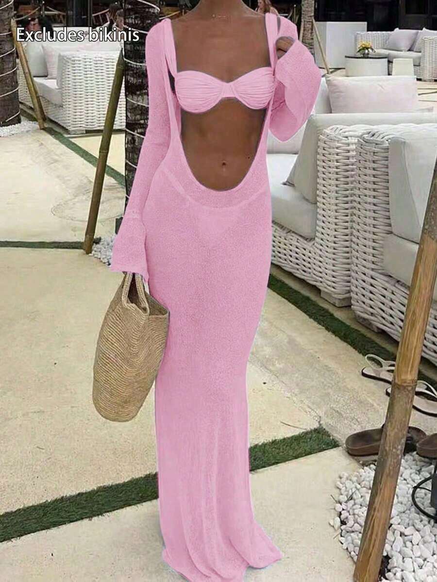 Nuevo vestido de primavera/verano para mujer: Vestido de punto largo con escote en V profundo, cintura ajustada y diseño calado, apropiado para la playa, el mar y las vacaciones de natación - Rosa melocotón claro - Ver 1