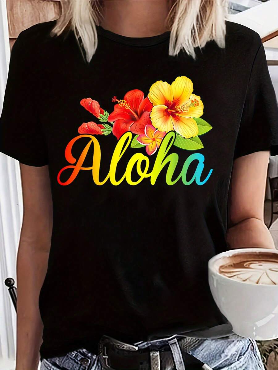 1pc Women's Casual Sports Plus Size Tee, With A Floral Print Inspired By Aloha Beach Resort, A Fashionable Short-Sleeved Summer Top, Perfect For Comfort - 黑色 - 查看 1