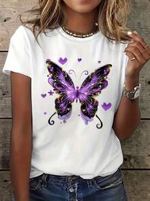 Camiseta de impresión de mariposa misteriosa de las mujeres - manga corta cuello de tripulación blusa-top compatible | Estilo estirable de verano casual blusa-ajuste adecuado para la primavera y el traje casual, máquina lavable no mariposa - Blanco - Ver 2