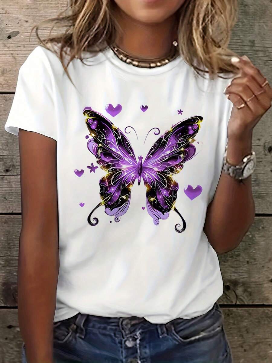 Camiseta de impresión de mariposa misteriosa de las mujeres - manga corta cuello de tripulación blusa-top compatible | Estilo estirable de verano casual blusa-ajuste adecuado para la primavera y el traje casual, máquina lavable no mariposa