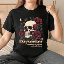 Vintage Dayseeker Metal Music T-shirt, Sleeptalk Band Merch, Pale Moonlight Skull Rose-motiv, Unisex T-shirt för rockare, Konserterkläder, 100% bomull, 1 st, 180g, T-shirts för tonårsflickor, Kläder för flickor, Toppar för flickor, Kläder för barn, Julklapp till barn, Nyårspresent, Födelsedagspresent - Svart - Visa 1