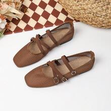 Summer Breathable Mesh Mary Jane Shoes For Women, Cross Strap Square Toe Flat Shoes, Soft Sole Comfortable Versatile Ballet Shoes - Brown - View 1