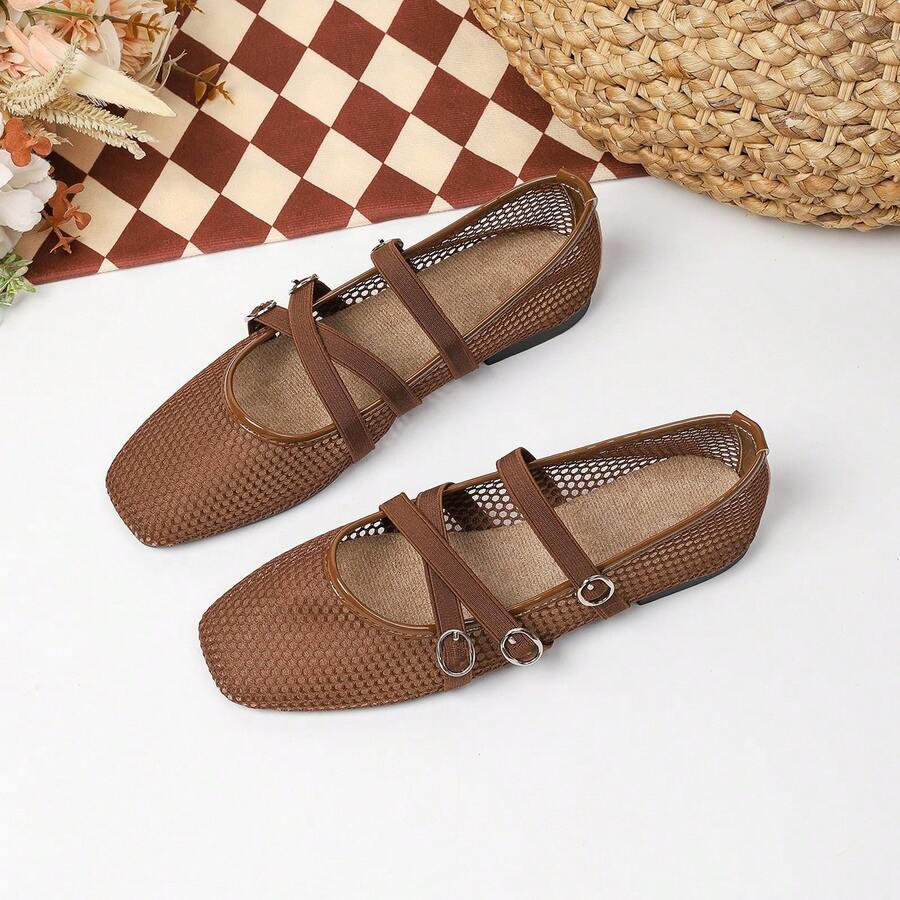 Summer Breathable Mesh Mary Jane Shoes For Women, Cross Strap Square Toe Flat Shoes, Soft Sole Comfortable Versatile Ballet Shoes - Brown - View 1