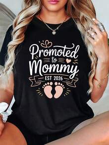 Promoted To Mom Letter Print T-Shirt, Short Sleeve Crew Neck Casual Top For Summer And Spring, Women's Clothing - 黑色 - 查看 1