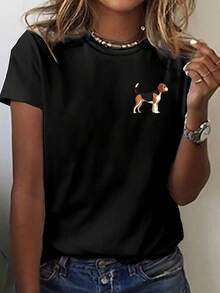 Realista Beagle perro ilustración impresión camiseta, manga corta cuello de la tripulación top casual para verano y primavera, ropa de mujer - Negro - Ver 2