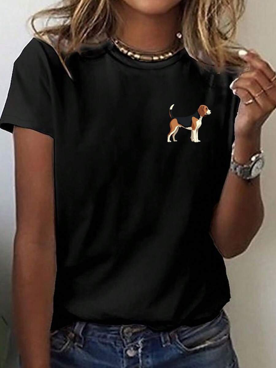 Realista Beagle perro ilustración impresión camiseta, manga corta cuello de la tripulación top casual para verano y primavera, ropa de mujer