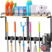 Broom Holder Wall Mount With Shelf Guard Rail, Upgraded No - Fall Storage, 120 Lbs Heavy Duty Cleaning Organizer, 5 Clamps 4 Hooks, Thick Metal Wood Rack Laundry Room Garage - Initial - View 1