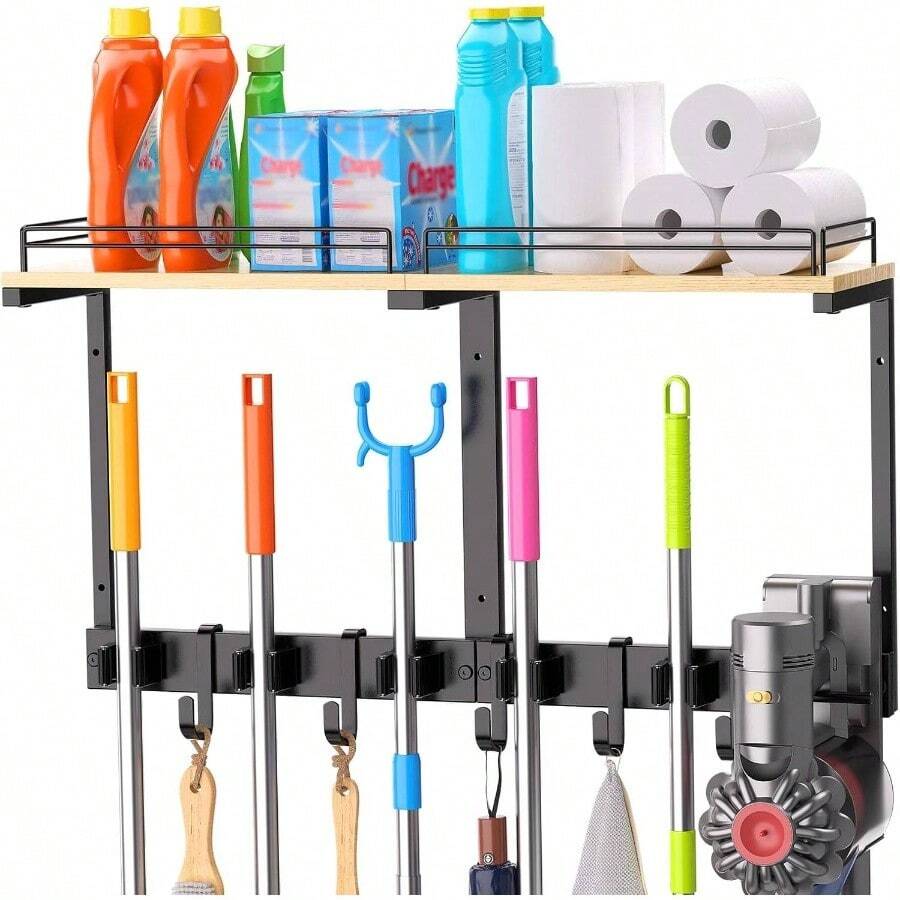Broom Holder Wall Mount With Shelf Guard Rail, Upgraded No - Fall Storage, 120 Lbs Heavy Duty Cleaning Organizer, 5 Clamps 4 Hooks, Thick Metal Wood Rack Laundry Room Garage - Initial - View 1