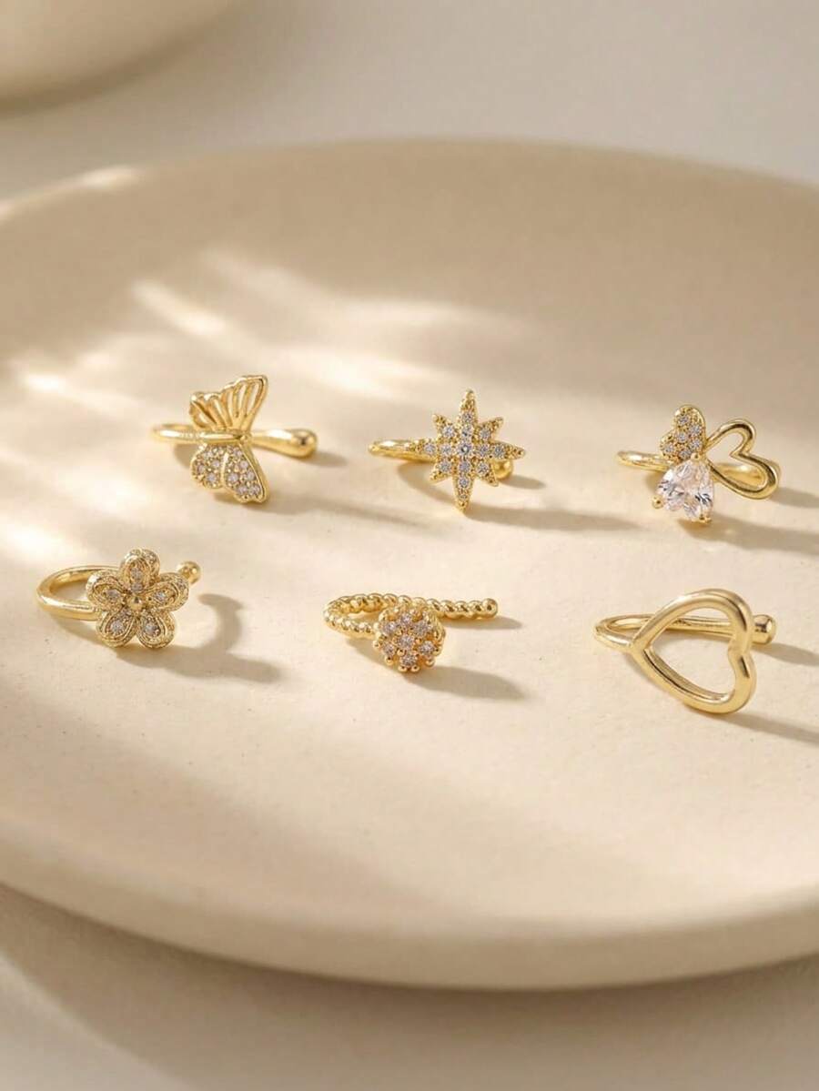CHOSHILAR 6pcs/Set Assorted Non-Piercing Nose Rings, Gold Tone Elegant Luxury Design Nose Clips Suitable For Daily Wear And Parties - Gold 38 - View 1