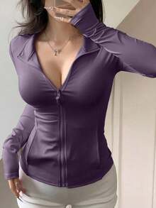 Chaqueta ajustada de punto para mujer, color morado sólido, manga larga, cuello alto y cierre de cremallera frontal, estilo deportivo casual y favorecedor, ideal para primavera y otoño, actividades al aire libre, gimnasio, yoga, uso diario y combinaciones con leggings y pantalones deportivos - Rosa 4 - Ver 7