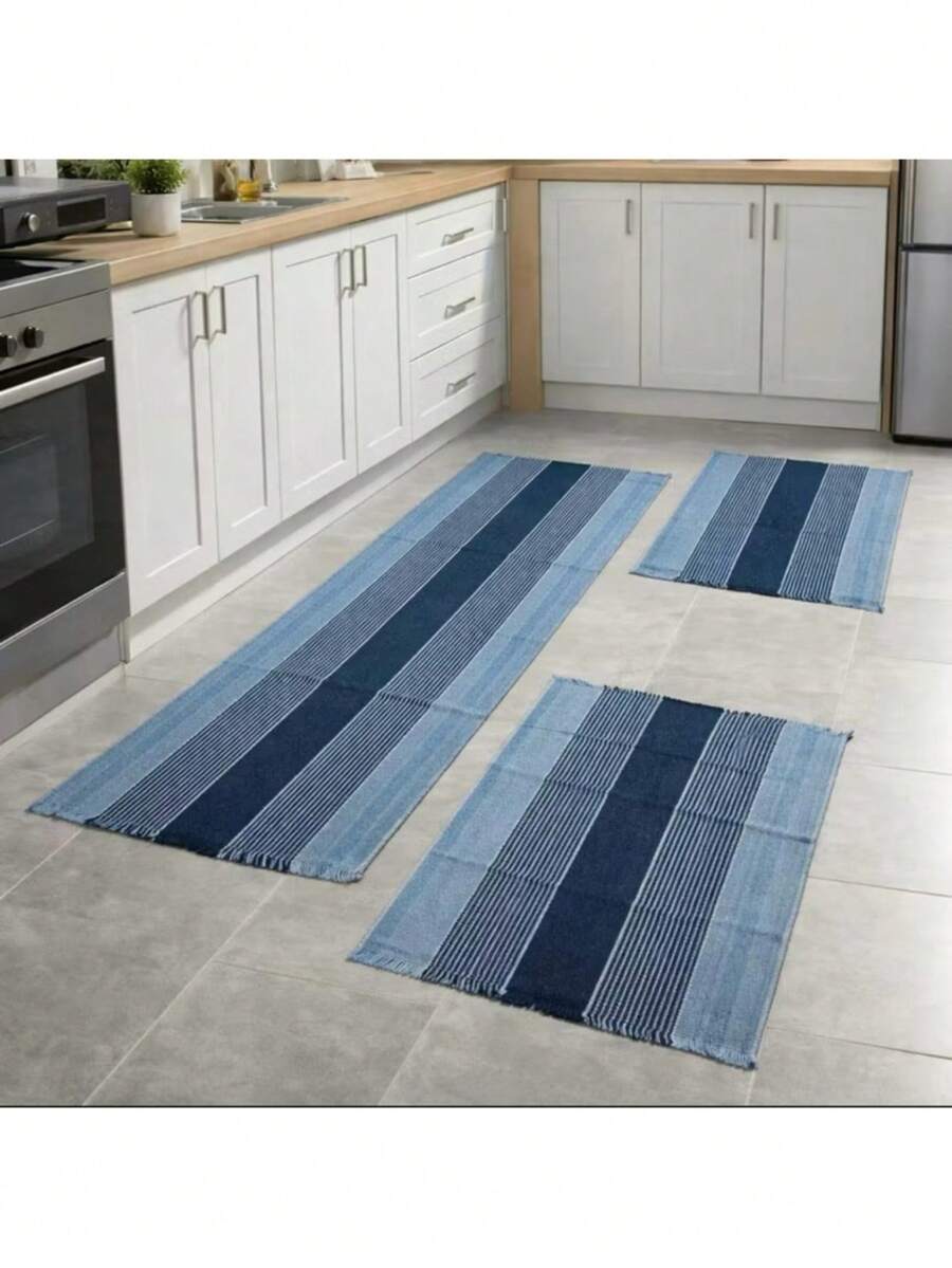 Kitchen Mat And Runner Set With 3 Pieces, Various Colors, Plain And Striped - Light Blue - View 1