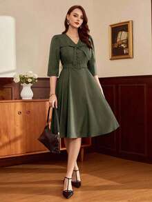 Vestido midi retro verde oliva, elegante y clásico con cintura definida y lazos - Verde militar - Ver 6
