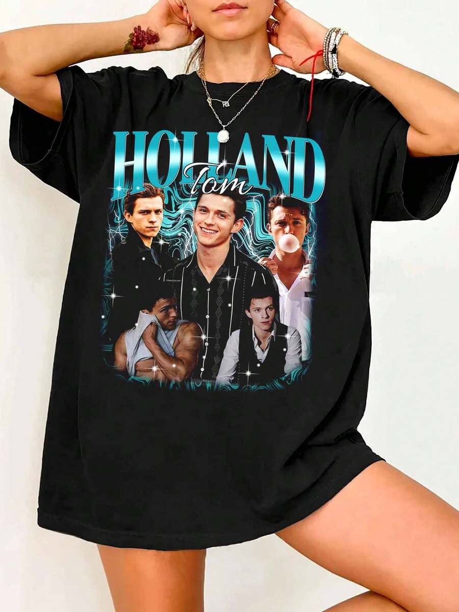 Counterfeit Vintage 90s T-Shirt, Retro Style, Featuring Actor Tom H-Holland (SSpiderSManSS), And A Celebrity Graphic. - 黑色 - 查看 1