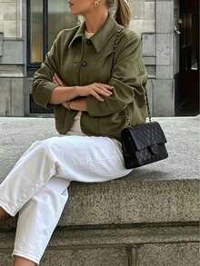 Chaqueta de mujer de unicolor, de manga larga con hombros caídos, con botones delanteros cortos, versátil y de moda - Verde - Ver 2