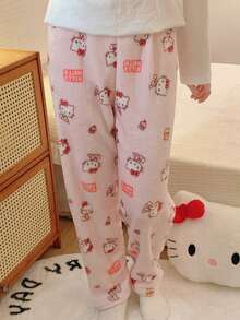 Hello Kitty 女款長褲，四季通用毛絨睡褲，柔軟雲朵布料，可愛卡通設計，理想的新年禮物，適合女友與情侶 - 粉色 - 查看 9