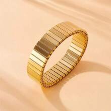 1pc Versatile Gold & Silver Color Bracelet, Stainless Steel Elastic Bangle, Fashionable Summer Accessory For Women - Multicolor - View 10
