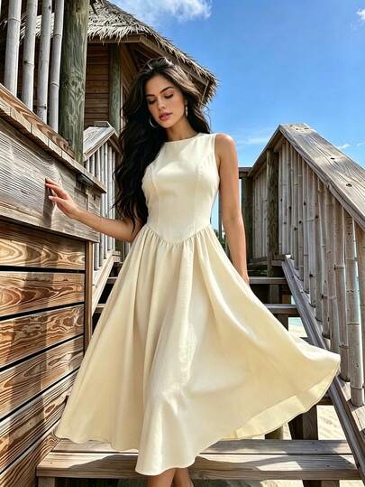 Đầm midi hở lưng không tay kiểu dáng mới của châu Âu và Mỹ, thanh lịch, sang trọng cho mùa hè dành cho phụ nữ.