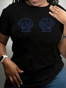 Casual Black Crew Neck T-Shirt for Women with Short Sleeves, Featuring a Shell Pattern in an Ocean Style, Made from a Stretchy, Machine Washable, Perfect for Spring, Summer, And Fall Athleisure - Negro - Ver 2