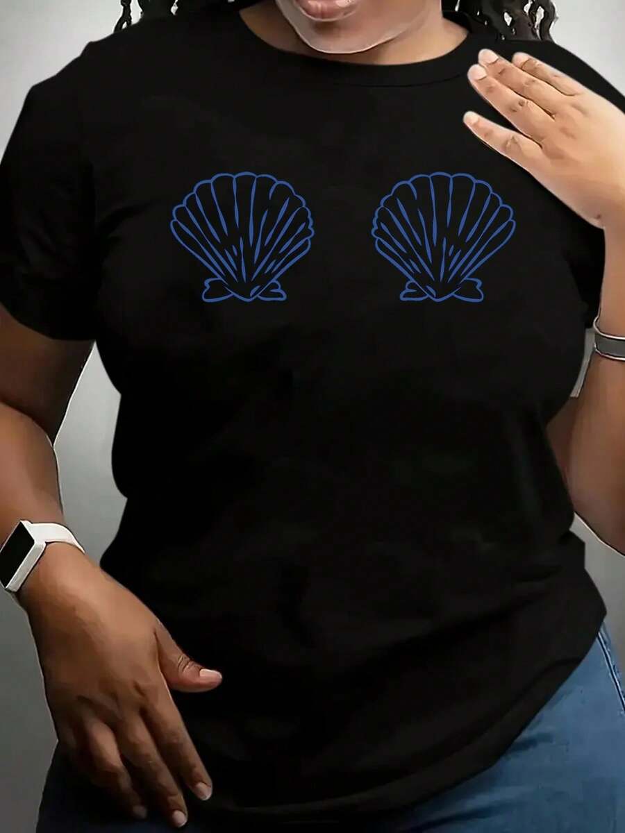Casual Black Crew Neck T-Shirt for Women with Short Sleeves, Featuring a Shell Pattern in an Ocean Style, Made from a Stretchy, Machine Washable, Perfect for Spring, Summer, And Fall Athleisure