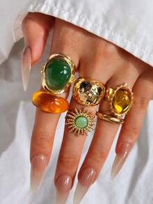 6 pièces Ensemble de bagues vintage de luxe polyvalentes, exquises et élégantes avec un design géométrique unique incrusté de jade. Bagues en métal doré épaisses pour femmes, convenant pour une utilisation quotidienne, la décoration de fête et comme cadeau de bijoux - Multicolore - Voir 3