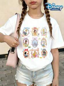 Disneyland Cartoon Disney Princess Print Summer Tops,Disney Kids Disney Shirts ,Perfect For Cute Girls. Teen Girl Gift,Comfortable And Breathable Children's Short-Sleeved T-Shirt. 180g Pure Cotton Children's Clothes,Suitable For Both Boys And Girls.Suitable For Daily Wear, Vacations, Outdoor Activities, And As A Children's Gift. - White - View 1