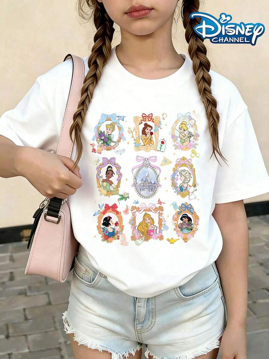 Disneyland Cartoon Disney Princess Print Summer Tops,Disney Kids Disney Shirts ,Perfect For Cute Girls. Teen Girl Gift,Comfortable And Breathable Children's Short-Sleeved T-Shirt. 180g Pure Cotton Children's Clothes,Suitable For Both Boys And Girls.Suitable For Daily Wear, Vacations, Outdoor Activities, And As A Children's Gift. - White - View 1